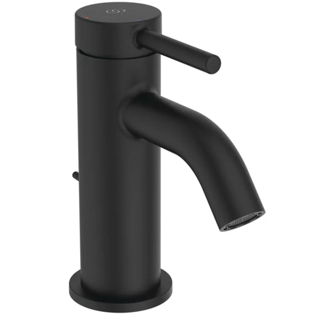 Schwarze Waschbeckenarmatur von Ideal Standard mit einem schlanken Design und einem seitlichen Hebel für die Temperatur- und Wassermengenregulierung.